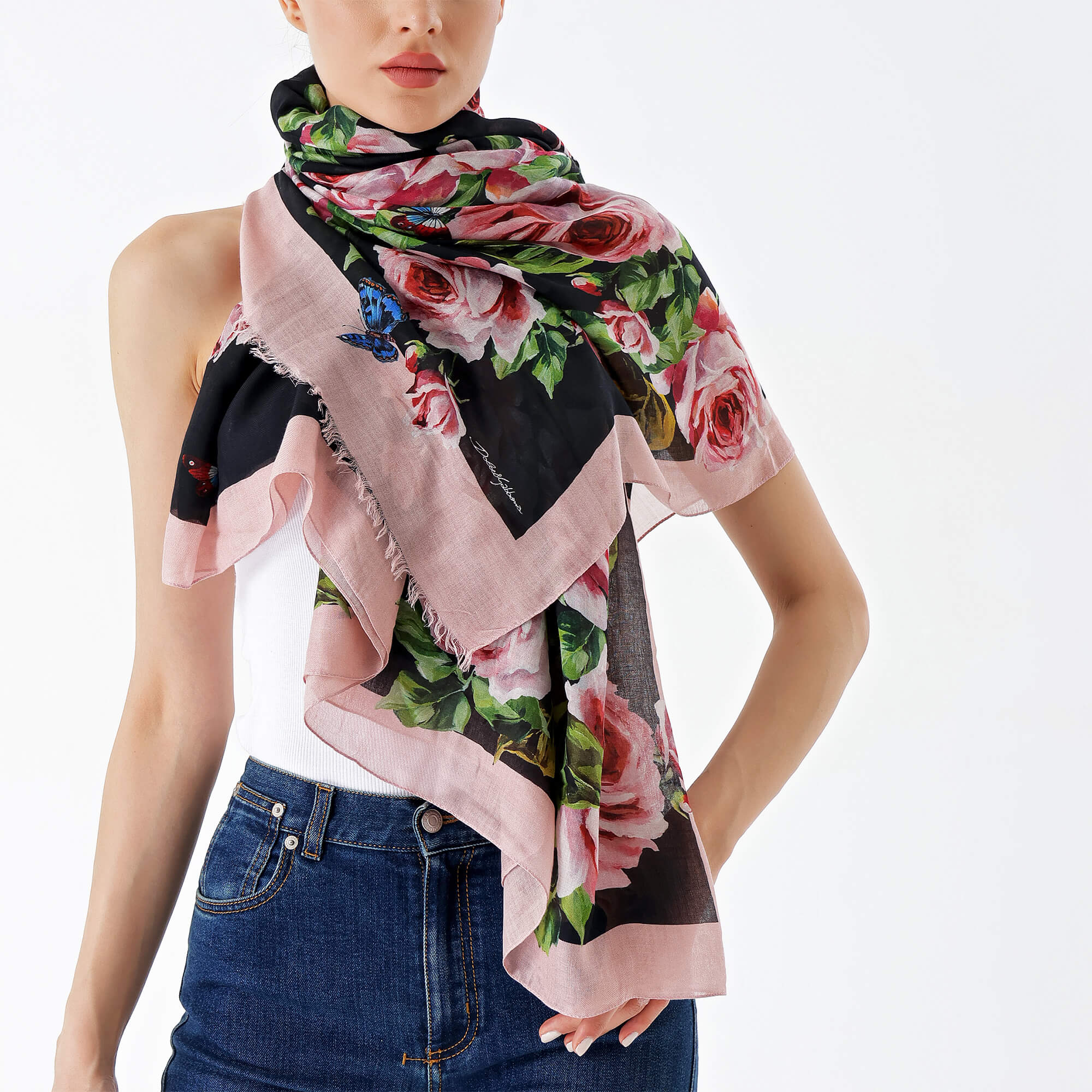 Dolce Gabbana- Pink and Black Floral Print Cotton and Cashmere Shawl
